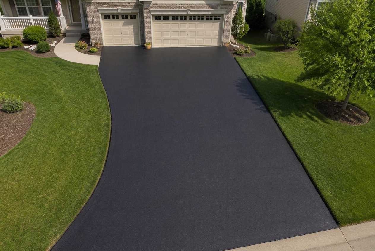 Freshly sealed Gilsonite blacktop driveway with a deep oil-based finish