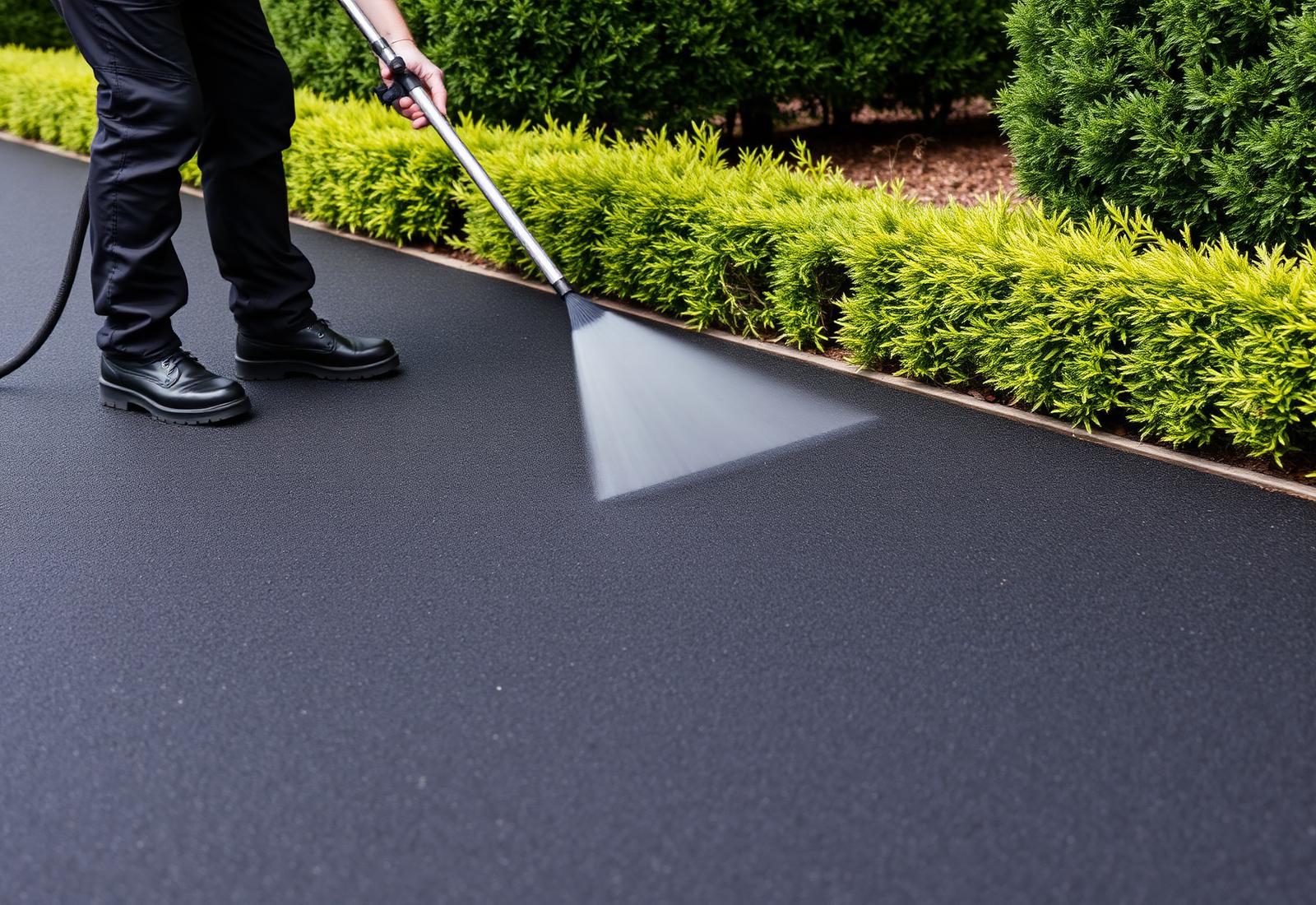 Crew member spraying oil-based sealer onto an asphalt driveway